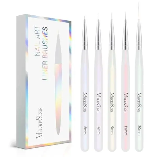 MelodySusie 5Pcs Nail Art Liner Brushes Professional Gel Painting Art Design Pen Set for Thin Long Lines, Tiny Details, Fine Drawing, Delicate Coloring Sizes 5/7/9/11/20mm