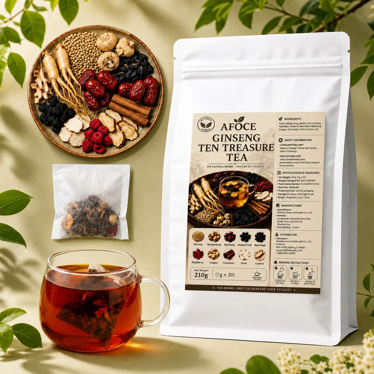 AFOCE Ginseng Herbal Tea Bags, 10-Treasure Herbal Wellness Tea with Maca, Red Date, Mulberry & Black Goji Berry, Caffeine Free Sugar Free Natural Botanical Tea for Adults, Daily Drink for Home Office & Relaxation