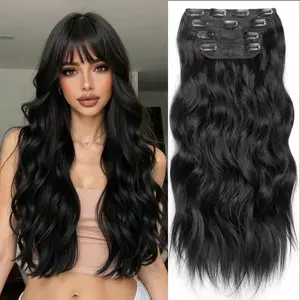 [Plodon] 16-Inch Clip-In Synthetic Hair Extensions — Long Wavy Style (4-Piece Set) | Naturally Voluminous, Seamless Blend | Simple, Elegant, Refined — Exquisitely Crafted for Women