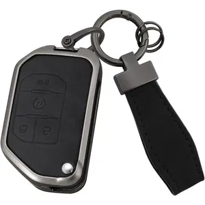 4 Button Key Fob Cover Compatible with Jeep Gladiator JT Sahara JLU 2018-2023 Jeep Wrangler JL JLU Rubicon Accessories Leather& Zinc Alloy Folding Key Shell with Keychains-4 Button Black