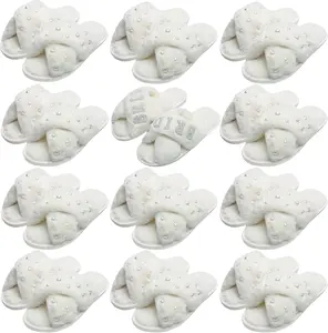 12 Pairs Women's Fuzzy Slippers Bulk Cross Band Open  Bridesmaid Slippers Plush Furry Slippers for Bridal and Bachelorette Party