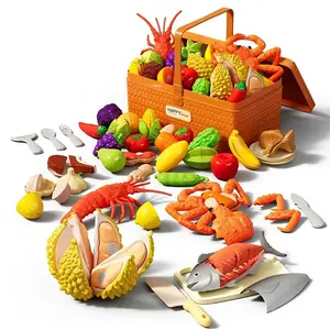 Kitchen Toy Set with Storage Basket, Cutting Food Toys, Lobster, Tuna, King Crab, Vegetables, Fruits, Christmas Gift for Boys and Girls