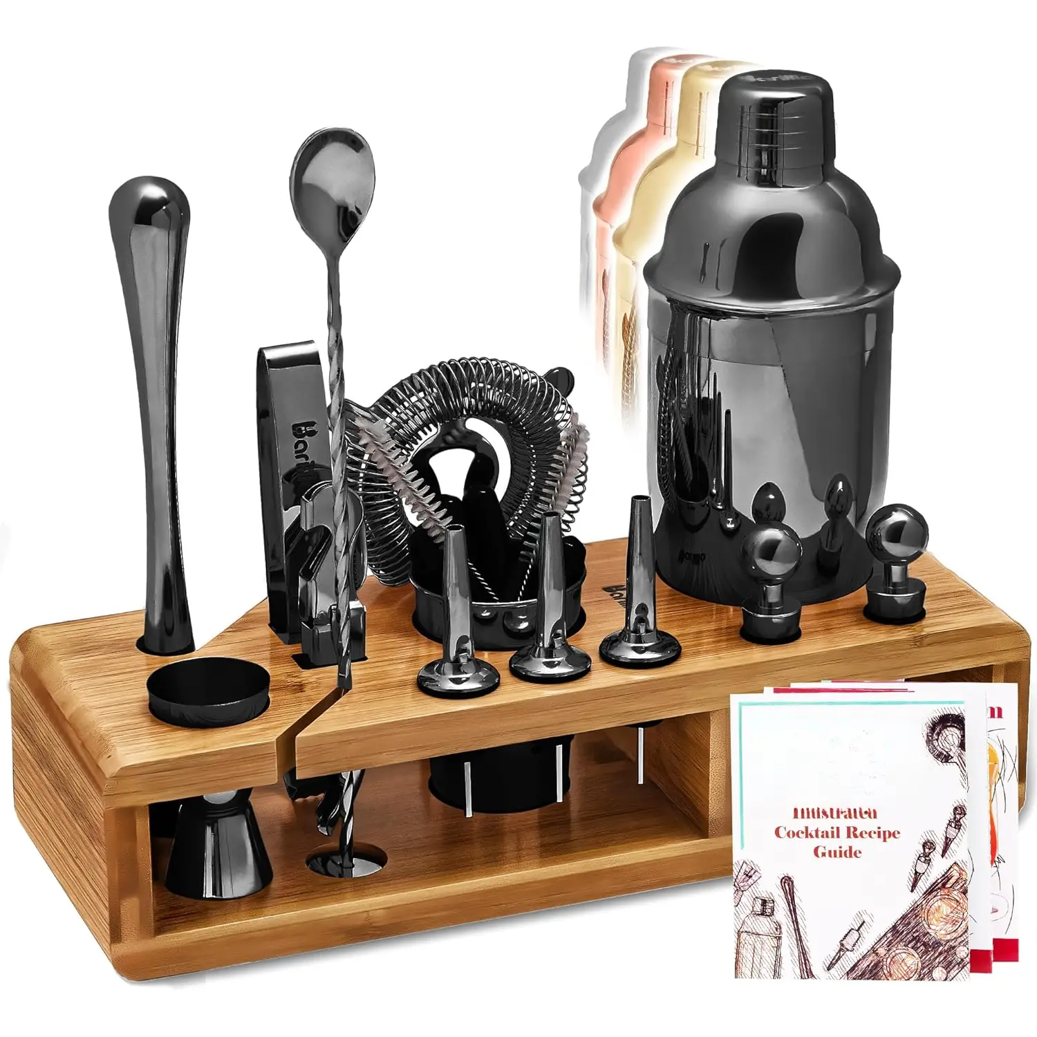 Black Bartender Kit - Stainless-Steel Cocktail Shaker Set w/Bamboo Stand - Mixology Bar Tools w/Drink Shaker, Mixer Spoon & Muddler for Cocktails - Home Bar Accessories - 23-Pc Bar Set