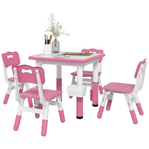 High end and high-quality Kids Table and Chair Set, Height Adjustable 5 Piece Toddler Table and Chair Set with Storage Box, Easy to Wipe Activity Table with 4 Chairs for Ages 18 Months-5 Years, Pink,Safe, sturdy, comfortable, and stable