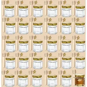 Hexagon Honey Jars with Wooden Dippers - 30-Pack Mini Glass Containers with Gold Lids - Bee-Themed Wedding Favors - Baby Shower Party Gifts - Reusable Jute-Wrapped Jars for Honey Sampling