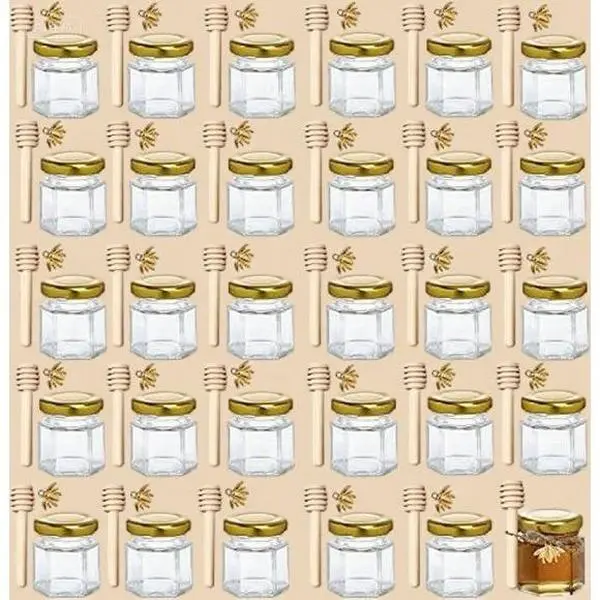 Aesthetic Thick Rustic Hexagon Honey Jars with Wooden Dippers - 30-Pack Mini Glass Kitchen Jars with Gold Lids - Jute-Wrapped Reusable Set for Bee-Themed Wedding Favors