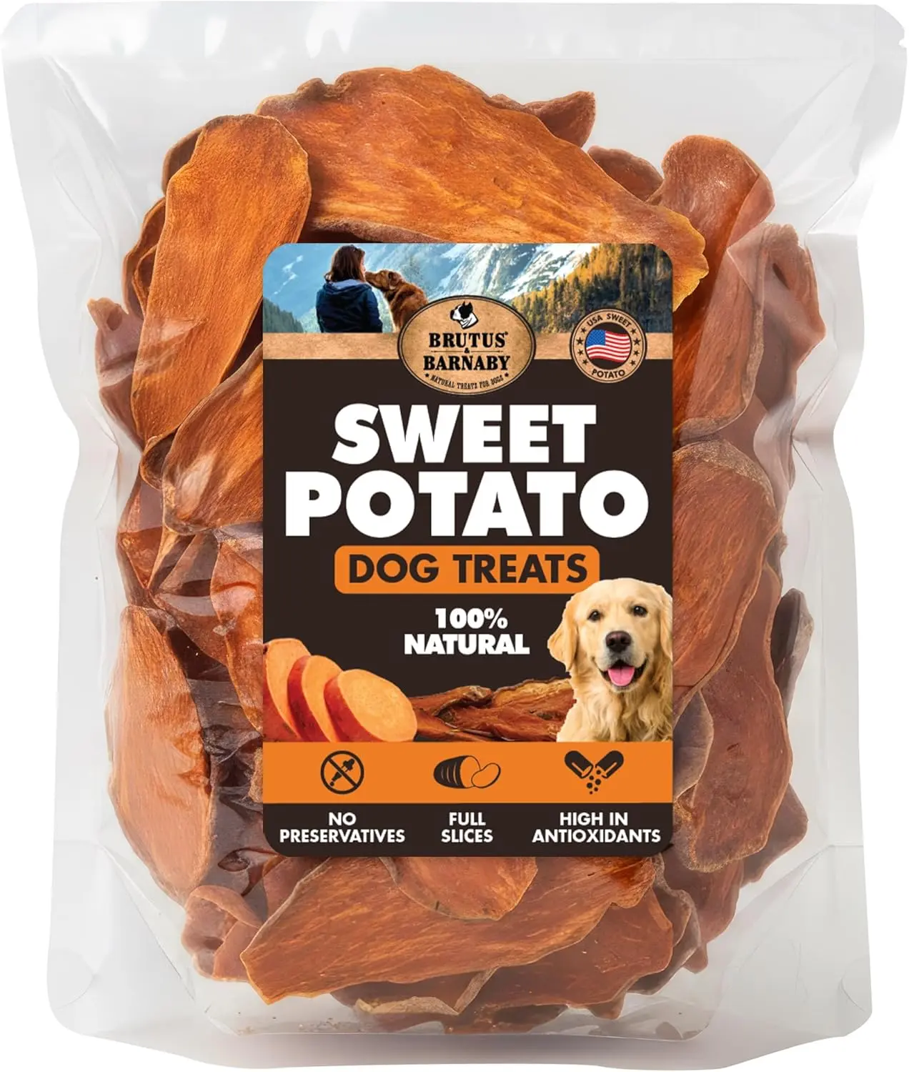 Sweet Potato Dog Treats - USA Grown - Brutus & Barnaby Single Ingredient Dehydrated Sweet Potato Slices,  Thick Cut Chews, Grain & Gluten Free, High Fiber, Healthy Training Treats for Puppies &  Senior Dogs, Picky Eaters & Sensitive Stomachs