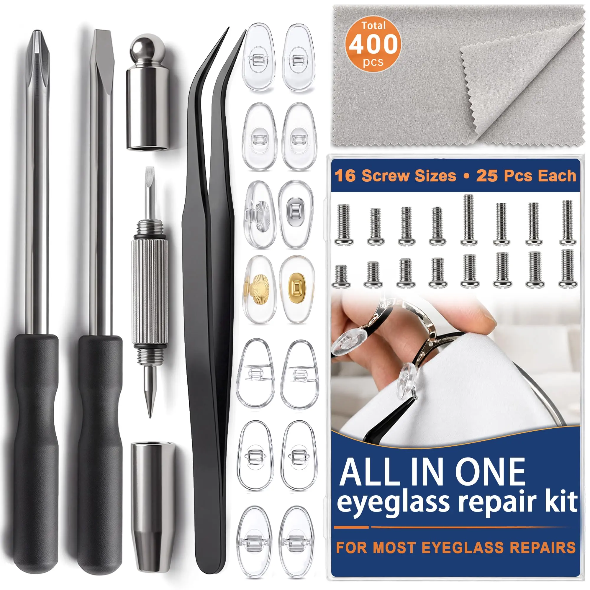 Eyeglass Repair Kit, Glasses Repair Kit 400 Screws + 21P Eyeglass Nose Pads