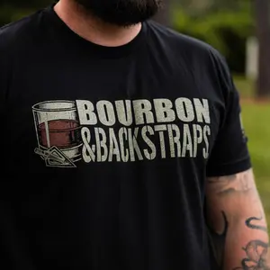 Bourbon & Backstraps T-Shirt for Hunting and Whiskey Lovers