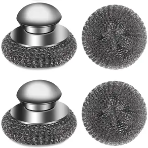 4 count Steel   with Replacement Wire Sponge Pads Set, Stainless Steel  with Handle for Scouring Stubborn Messes from Cast Iron, Pots, Pans, Grill, Stoves, Sink(2 +2 Pads)