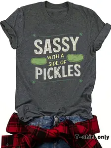 Women's "Sassy with a Side of Pickles" Round Neck Graphic Tee, Vintage Trendy Casual Short Sleeve T-shirt for Daily Wear, Ladies Summer Outfit, Top
