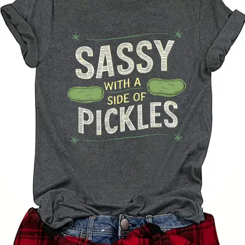 Women's "Sassy with a Side of Pickles" Round Neck Graphic Tee, Vintage Trendy Casual Short Sleeve T-shirt for Daily Wear, Ladies Summer Outfit, Top