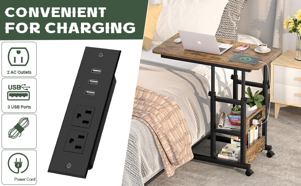 C Shaped End Table Height Adjustable - Couch Side Table with Charging Station, TV Tray with Wheels Slide Under Sofa for Small Spaces, Living Room Bedroom