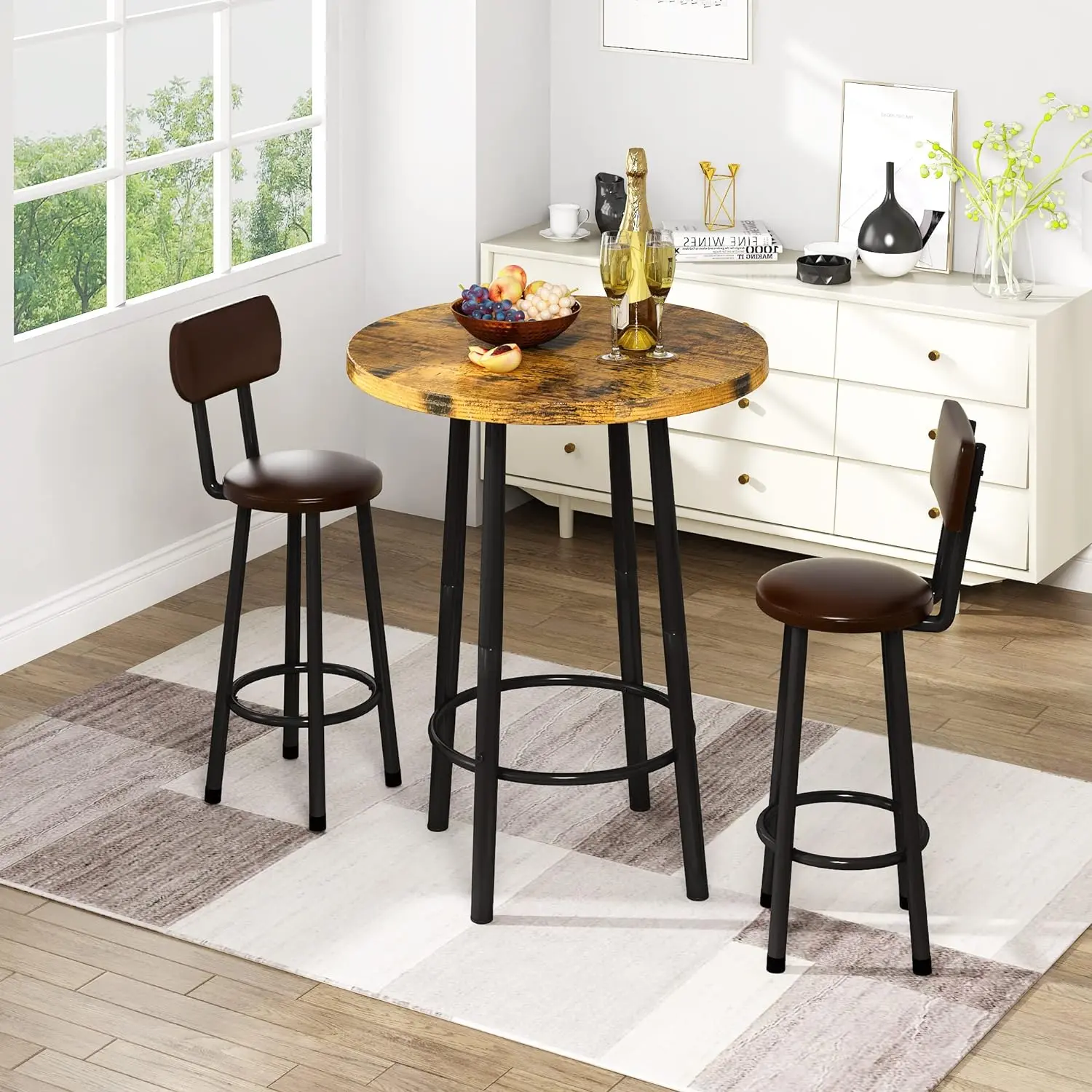 DKLGG 3-Piece Dining Table Set - Bar Table for 2, Modern Rustic Brown Indoor Kitchen Counter Height Wood Top Bistro Set, Easy to Assemble