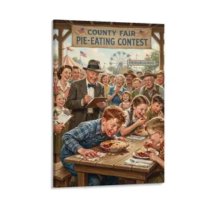 1pc Frameless Printed Canvas Art, Vintage Norman Rockwell County Fair Pie - Eating Contest Scene, Nostalgic American Rural Wall Decor for Home, Kitchen, Dining Room