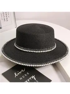 Summer Elegant Pearl Chain Flat Sun Hat Women's Straw Panama Wide Brim Anti-UV Beach Cap Feminino Chapeu Girl Topee