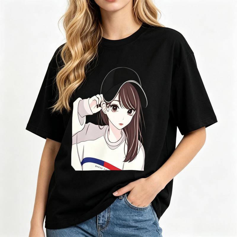 Women's Anime Girl Graphic Tee Black Oversized T-Shirt Baseball Cap Striped Hoodie Print Casual Short Sleeve Top Trendy Aesthetic Streetwear Summer Outfit