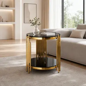 Modern Round Side Table for Living Room Luxury Circle End Table with Gold Stainless Steel Frame and Black Tempered Glass Tabletop Sturdy and Easy To Assemble Save Space Suit for Balcony Bedroom Sofa Home Office outdoorfun