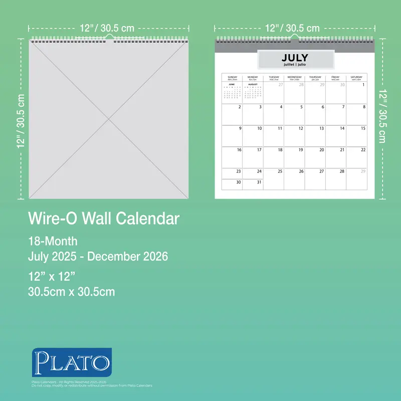 House of Turnowsky OFFICIAL | 2026 12 x 12 Inch (Hanging) 18 Months Monthly Square Wire-O Calendar | Sticker Sheet | July 2025 - December 2026 | Plato | Stationery Elegant Exclusive 6
