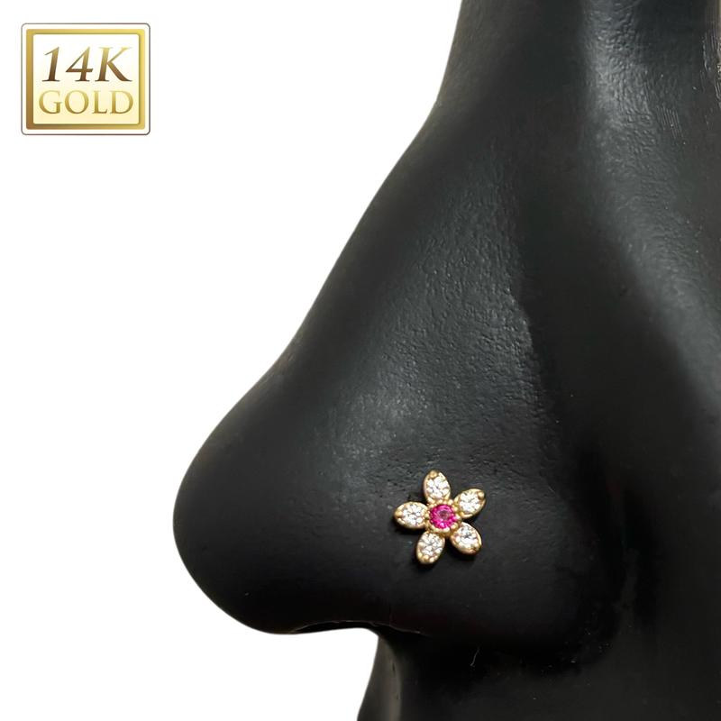 14kt Gold Diamond Flower Nose Stud with Cubic Zirconia Hypoallergenic L-Shape 20 Gauge Handcrafted Jewelry