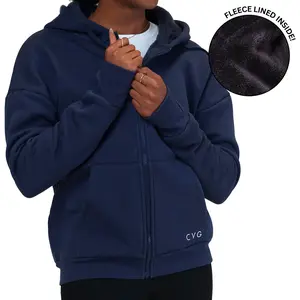 Fleece Zip Up Hoodie Navy with Front Pocket, Fleece Lined Inside, Coats & Sweatshirt Style, Women's Daily Wear Fit Everyday Cotton