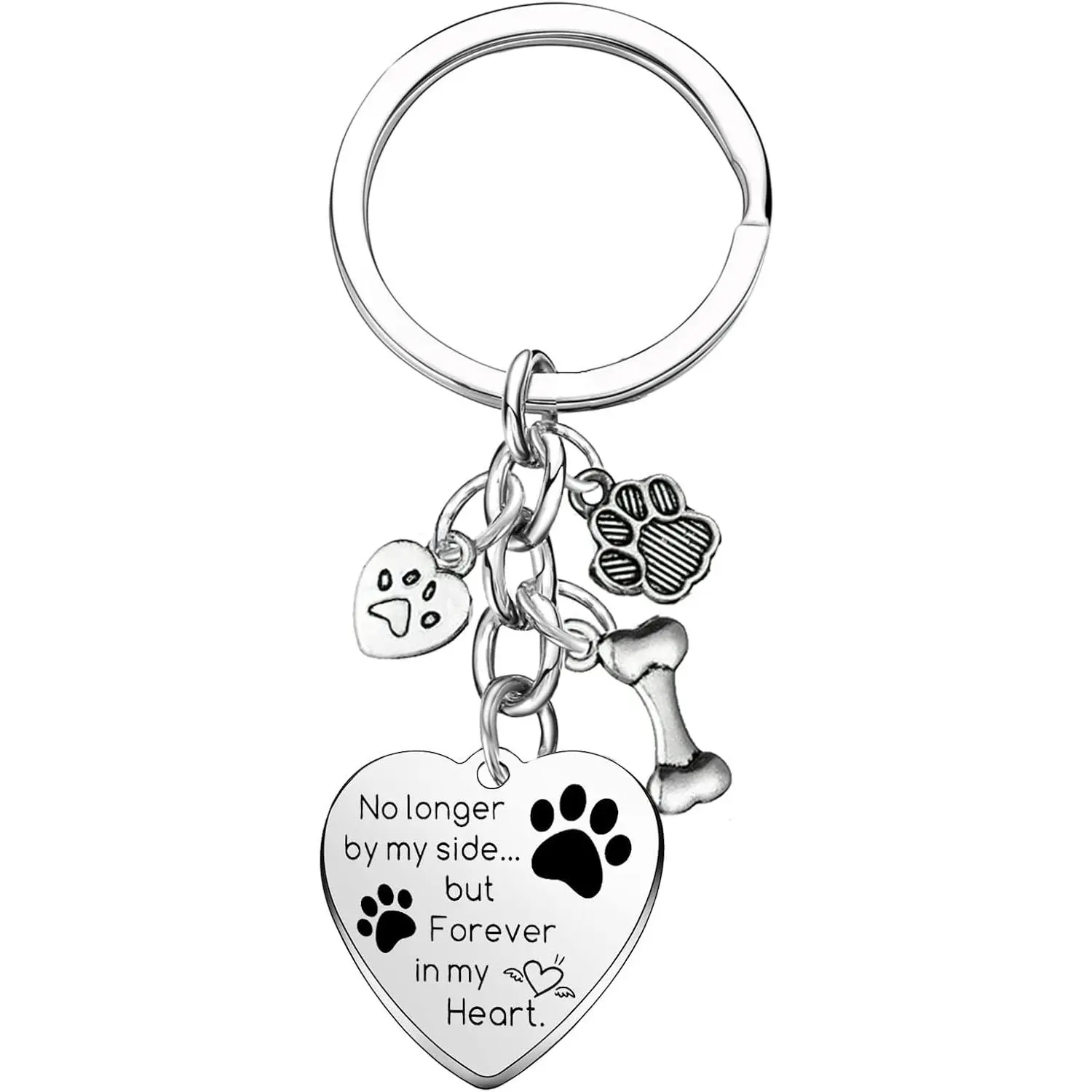 Dog Memorial Keychain, Commemorative Paw Prints Charm Pet Sympathy Gift with Sympathy Message for Dog Loss (No Longer by My Side Forever in My Heart), Animals, Metal