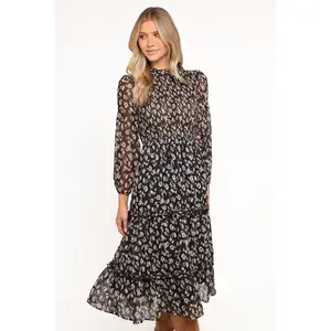 Edwina Shirred Frill Long Sleeve Midi Dress - Black Ditsy Floral