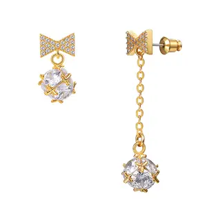 FindChic Cubic Zirconia Ball Asymmetry Earrings with Pendant Women's Stud Earrings Irregular Ear Jewelry for Women Girls With Gift Box