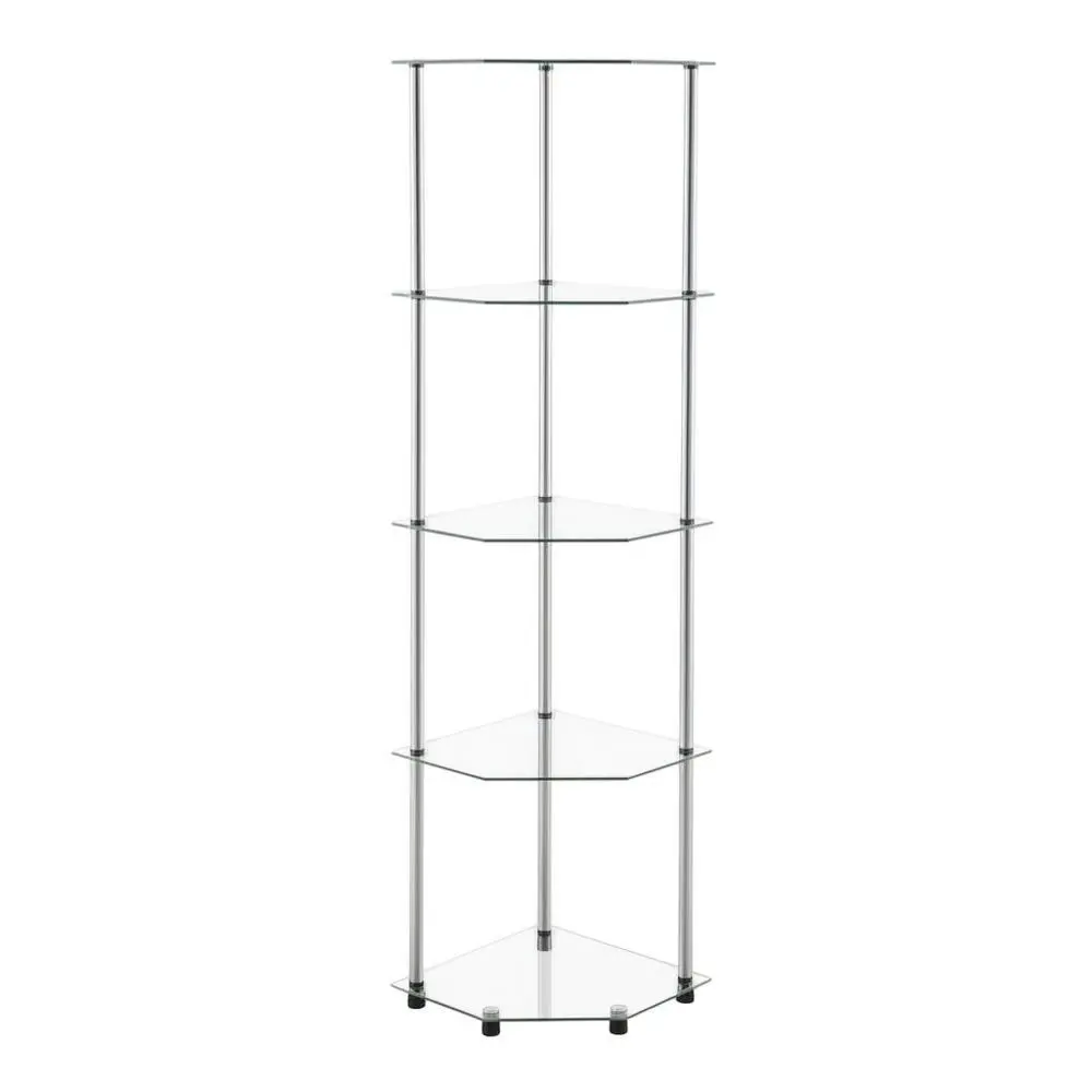 5-Tier Gray Glass Corner Tower Shelf with Steel Frame, Easy Assembly for Home Decor & Storage, Shelves