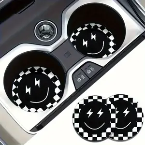 2pcs Classic Black and White Plaid Happy Face Pattern  Coasters, Round Coasters, Coaster Set,  Interior Cup Holder Decoration, Gift for Friends