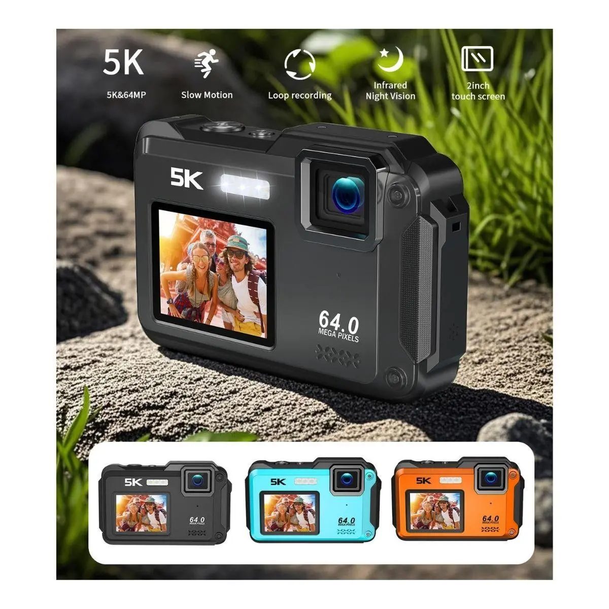 Aries SplashCam Pro 64MP Waterproof Digital Camera - Dual Display, WiFi, 16X Zoom (Orange)