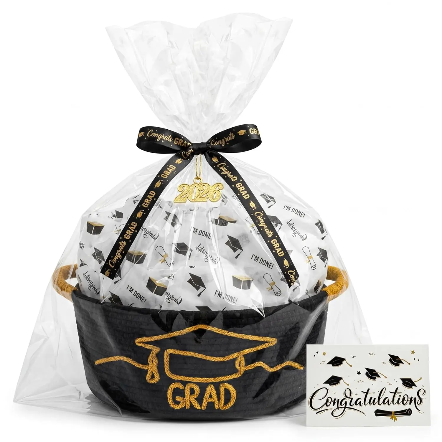 Colingmill 2026 Graduations & Nurses Week Gift Basket Empty to Fill, Woven Rope Basket 15" x 11" x 6" Decorative Storage Baskets with Gift Bag, Bow, Tissue Paper & Year Charm (Black,Gold,Graduation)2026