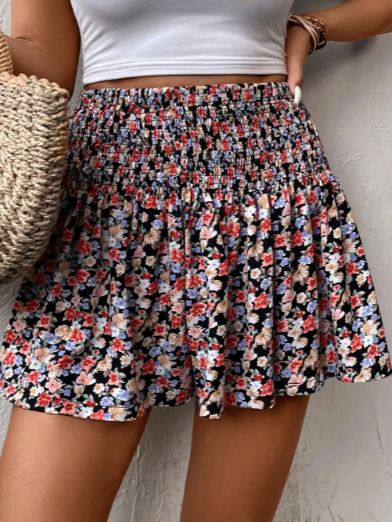 Women's Ditsy Floral Print Shirred Wide Leg Vintage Shorts, Boho Casual High Waist Shorts, Back To School Outfits, Summer Shorts, Shorts for Women, Wo