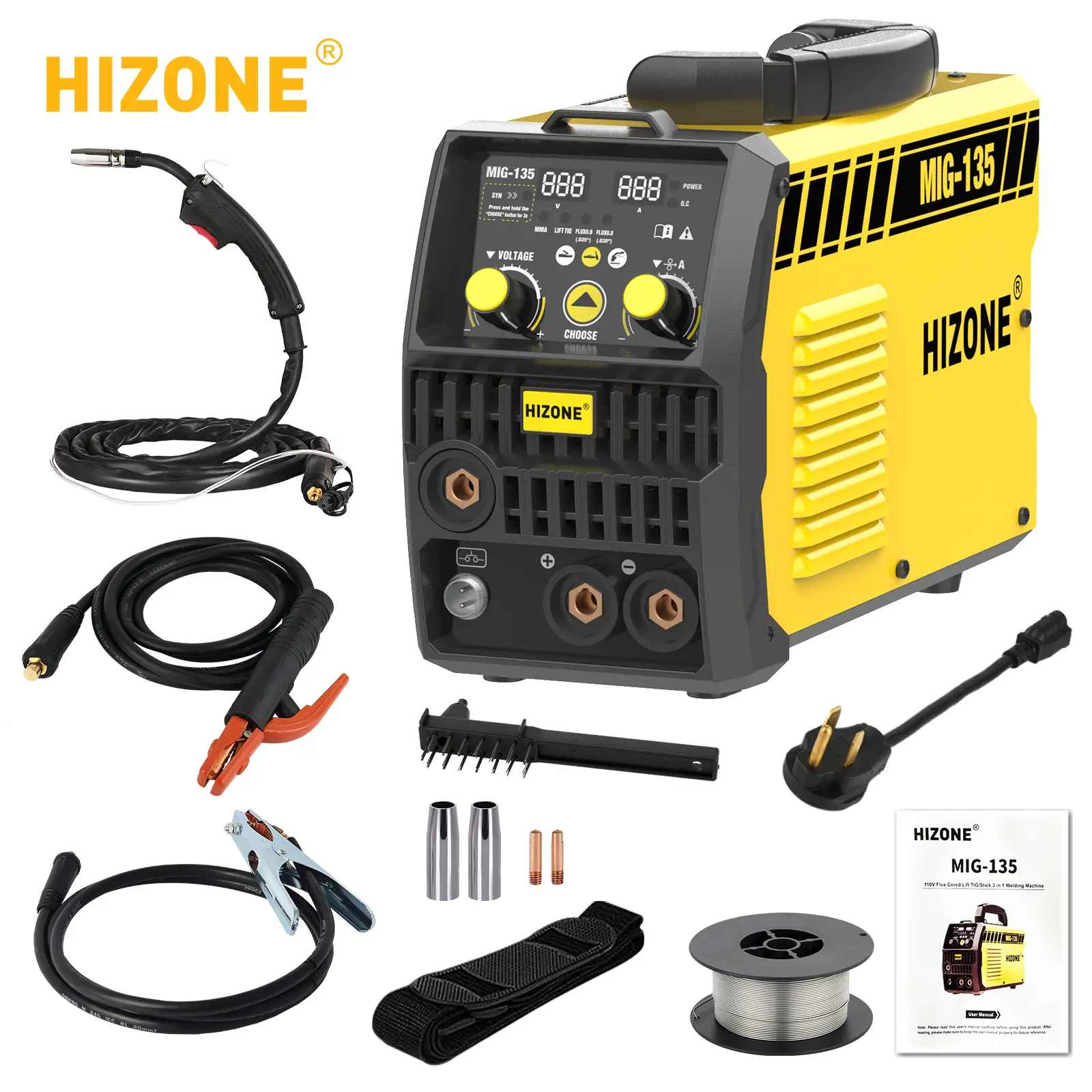 HIZONE MIG-135 3 IN 1 MIG/MMA Portable Welder Full Kit, 110V Gasless Flux Core Welding Machine with Complete Accessories, Beginner Friendly for Home DIY, Garage Metal Repair & Light Industrial Work