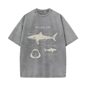 Great White Shark Print Vintage Acid Washed T-Shirt For Men, Suitable For Summer Streetwear Crewneck graphic tee