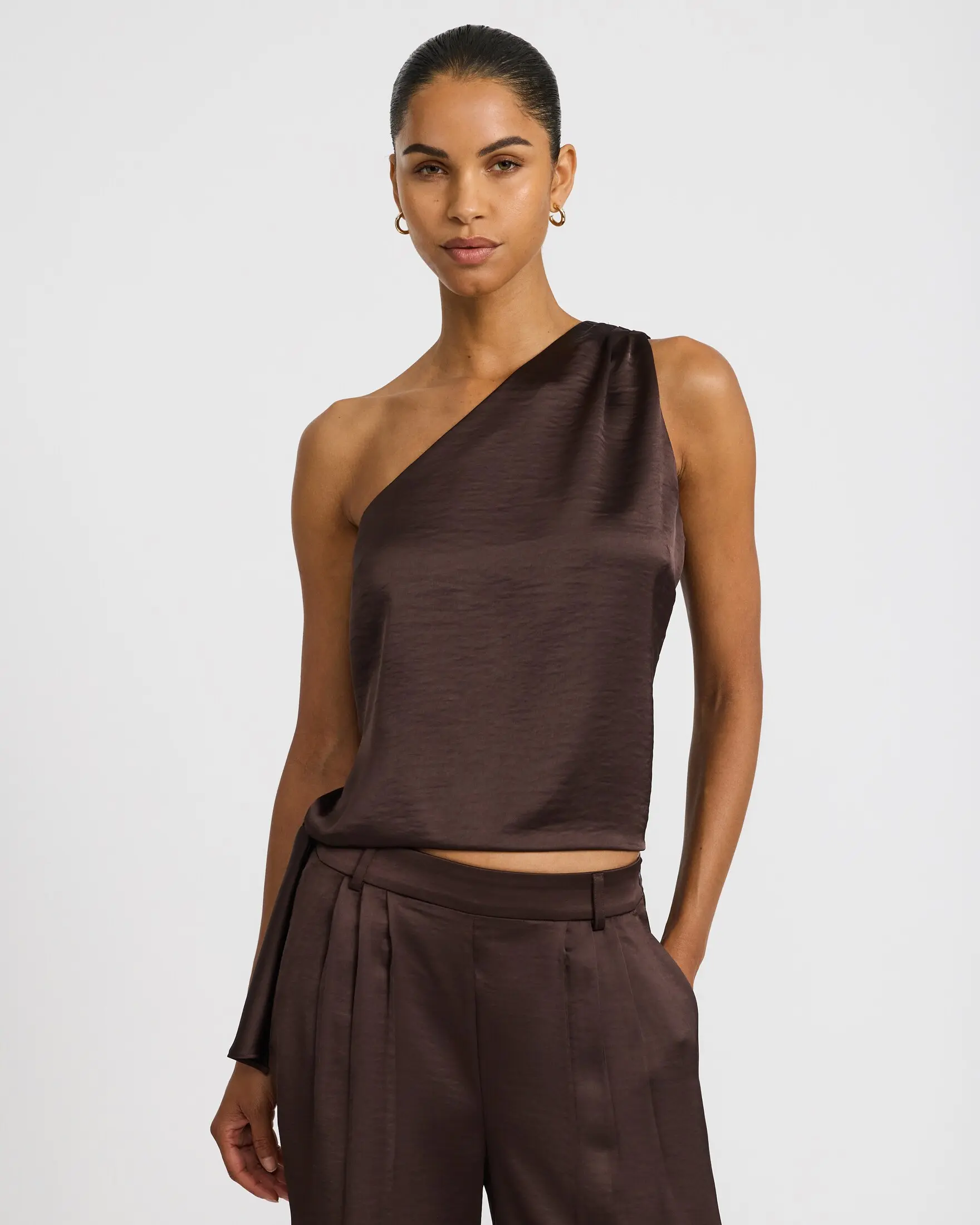 Express Satin One Shoulder Tie Waist Top