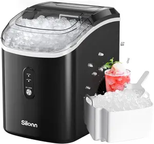 Nugget Ice Maker Countertop, Silonn Chewable Pellet Ice Machine with Self-Cleanin Function, 33Lbs/24H Portable Ice Makers for Home Kitchen Officce, Black