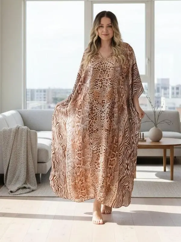 Women's Long Satin Caftan / Kaftan / Muumuu, Gold and Black Animal Print