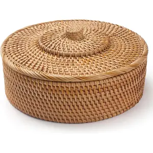 Natural Rattan Hand-Woven Lidded Basket for Table or Shelf Organizing Storage