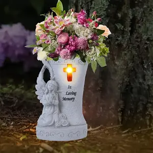Garden Angel Memorial Statue with Solar LED Light and Vase for Cemetery Grave Decoration (White)
