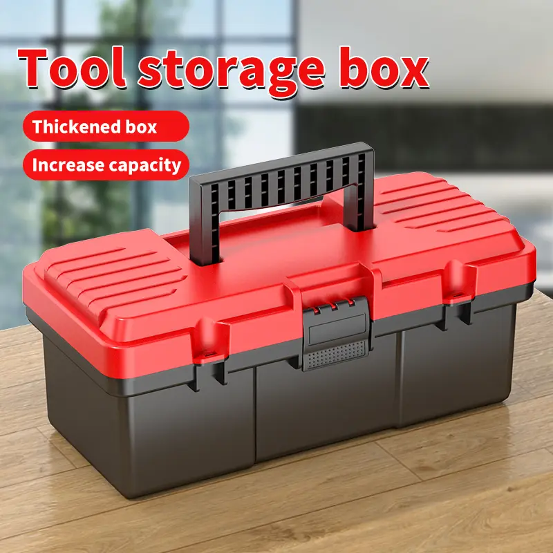 OuDiSi 13-Inch Heavy-Duty Plastic Tool Box, Double-Layer Large-Capacity Storage Case with Thickened PP Material, Lock Buckle & Portable Handle for DIY Home Maintenance Workshop Garage Organization