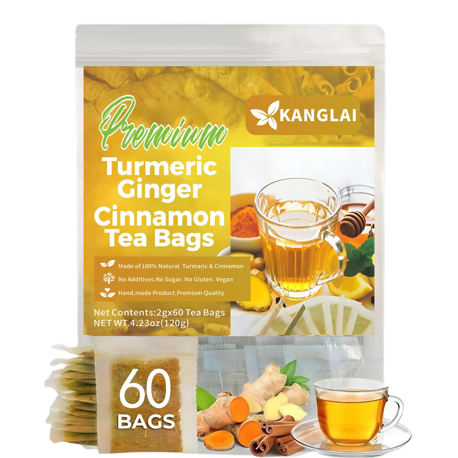 Turmeric Tea Herbal Anti-Inflammatory Tea, 100% natural, eco-friendly tea bags. Contains turmeric, ginger, and cinnamon. Biodegradable tea bags. Sugar
