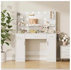 Dressing Table with Mirror and Light, Adjustable Brightness Dressing Table with Drawers and Storage Shelves, White