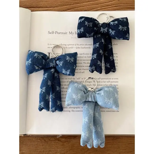 Sallie - Ribbon Printed Denim Fabric Padded Ribbon Charm Keychain