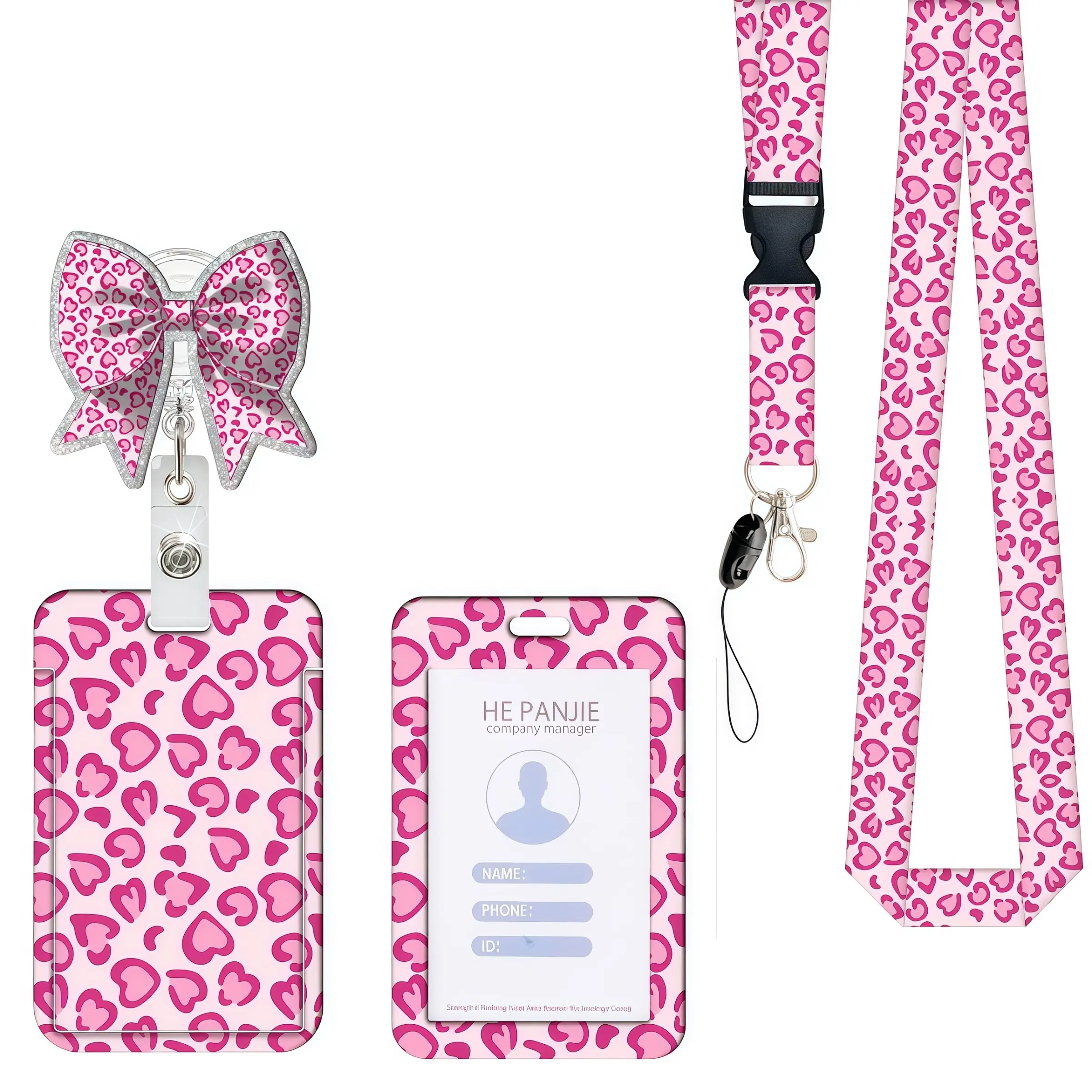 Leopard Print Lanyard with ID Badge Clip, Cute Bow Stretchable Reel, ID Card Holder, Detachable Neck Strap, Office, Student, Nurse, Teacher Gift, Lanyards With ID Holder