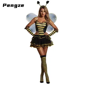 Women Halloween Bee Costume Set Cami Bodysuit Headband Wing
