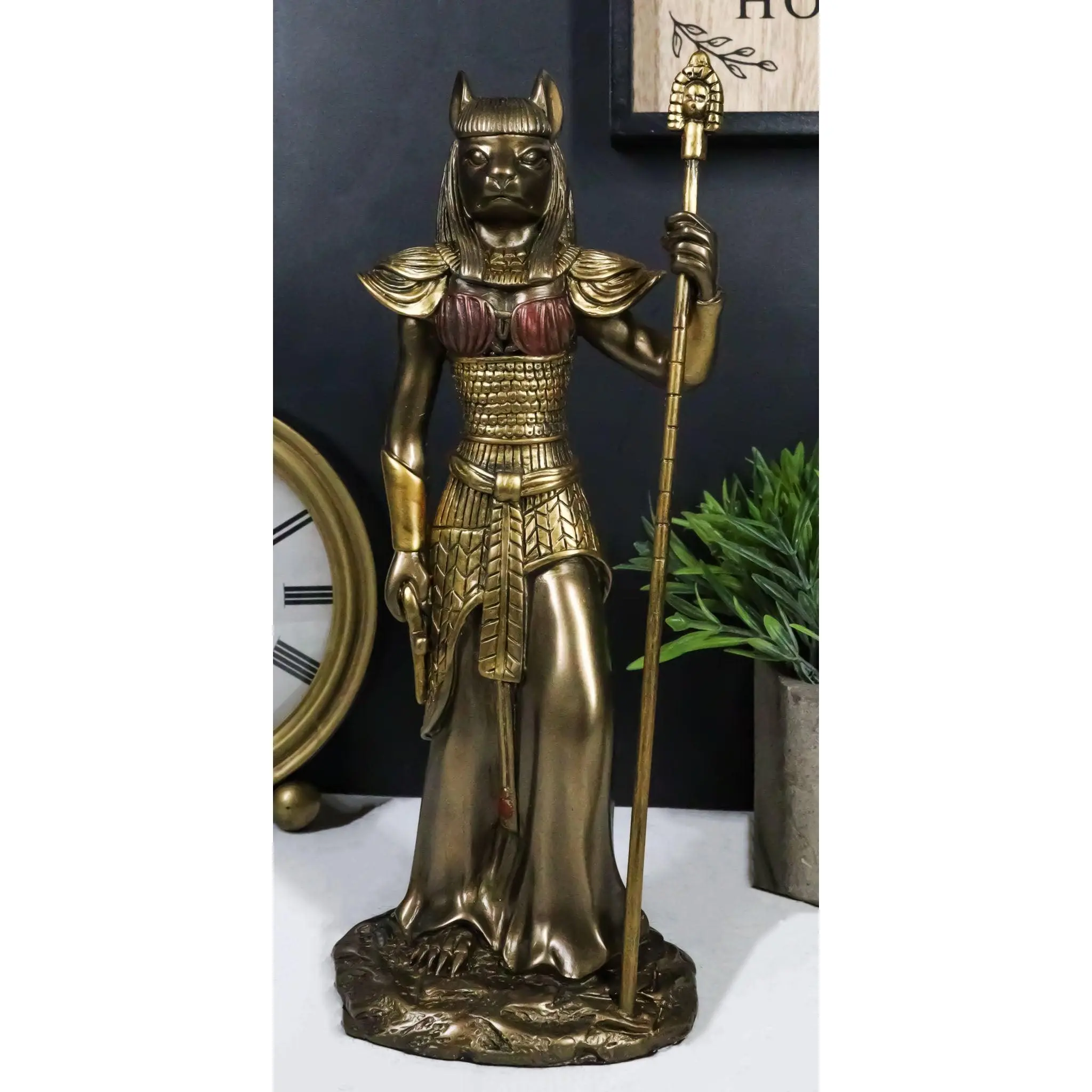Egyptian Goddess Bastet Cat With Spear Statue 11"H Ubasti Goddess Of Protection