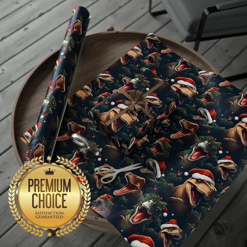 Christmas Dinosaur Wrapping Paper, Dinosaurs in Santa Hats Gift Wrap, T-Rex Gift Wrap, Dino X-Mas Paper, Dino Kids Gift Wrap, wp101