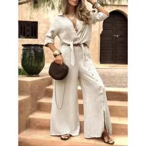Women's Long Sleeve Loose Fit Shirt Set with Tie Hem, Single Button Decorated Wide Leg Pants, Casual All Season Outfit,women's Wear