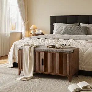 39.4" Fluted Shoe Cabinet Storage with Bench, 2-Tier Entryway Bench with Adjustable Shelves and Detachable Cushioned Seat, Shoe Organizer Bench Cabinet for Entryway, Living Room, Hallway - Natural